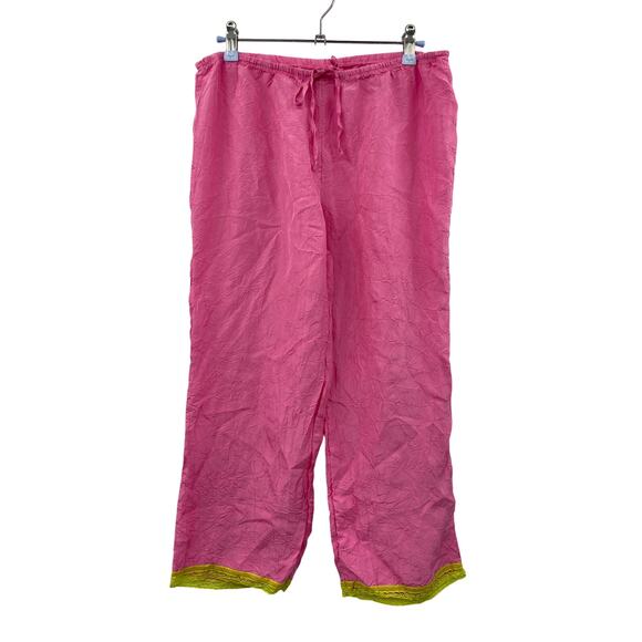 Victoria's Secret pink 2004 Y2K 100% silk crinkle green lace trim capri pants